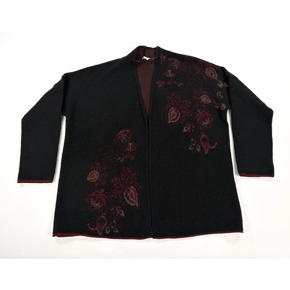Chico's Black Burgundy Floral Sequin Knit Open Front Cardigan Jacket Women's 1 M